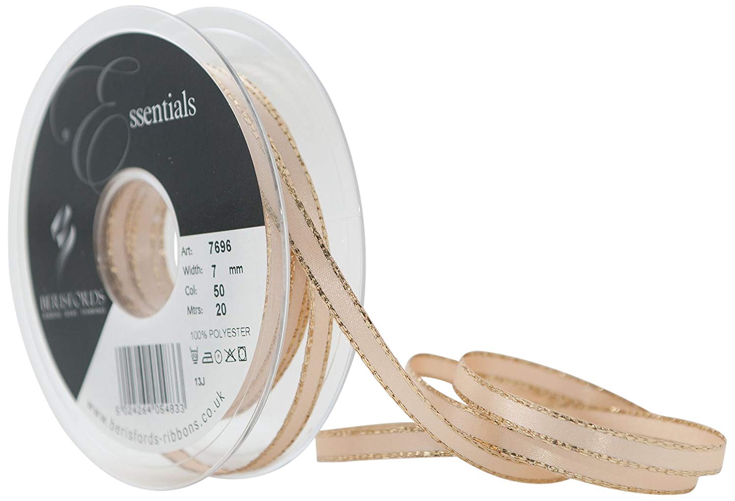 Berisfords Gold Edge Satin Ribbon, Cream, 7 mm