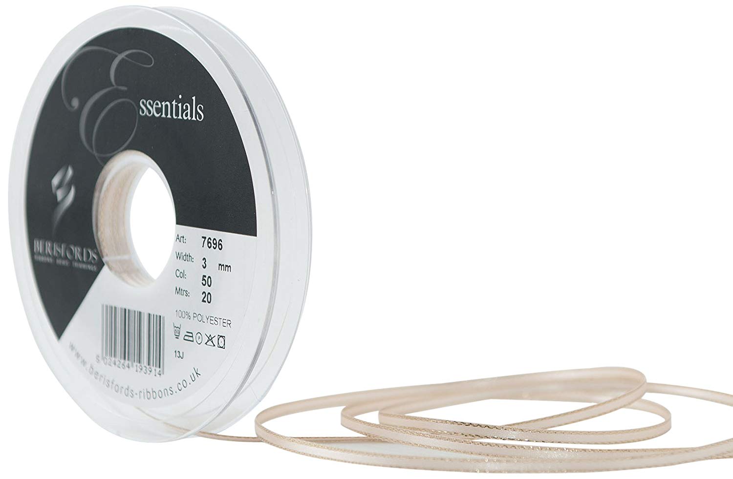 Berisfords 7696-CRE-3 3 mm Gold Edge Satin Ribbon, Cream