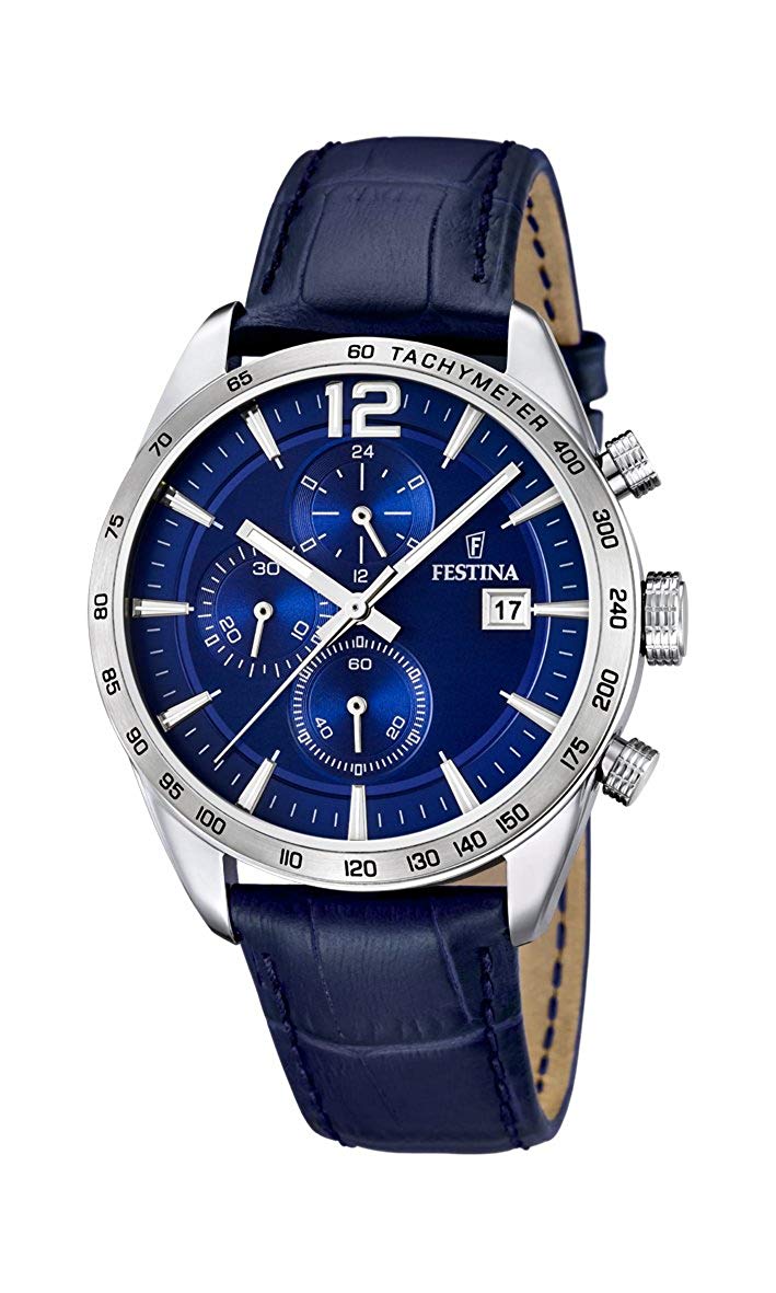 Festina Men's Quartz Watch with Blue Dial Chronograph Display and Blue Leather Strap F16760/3, Blue/Blue