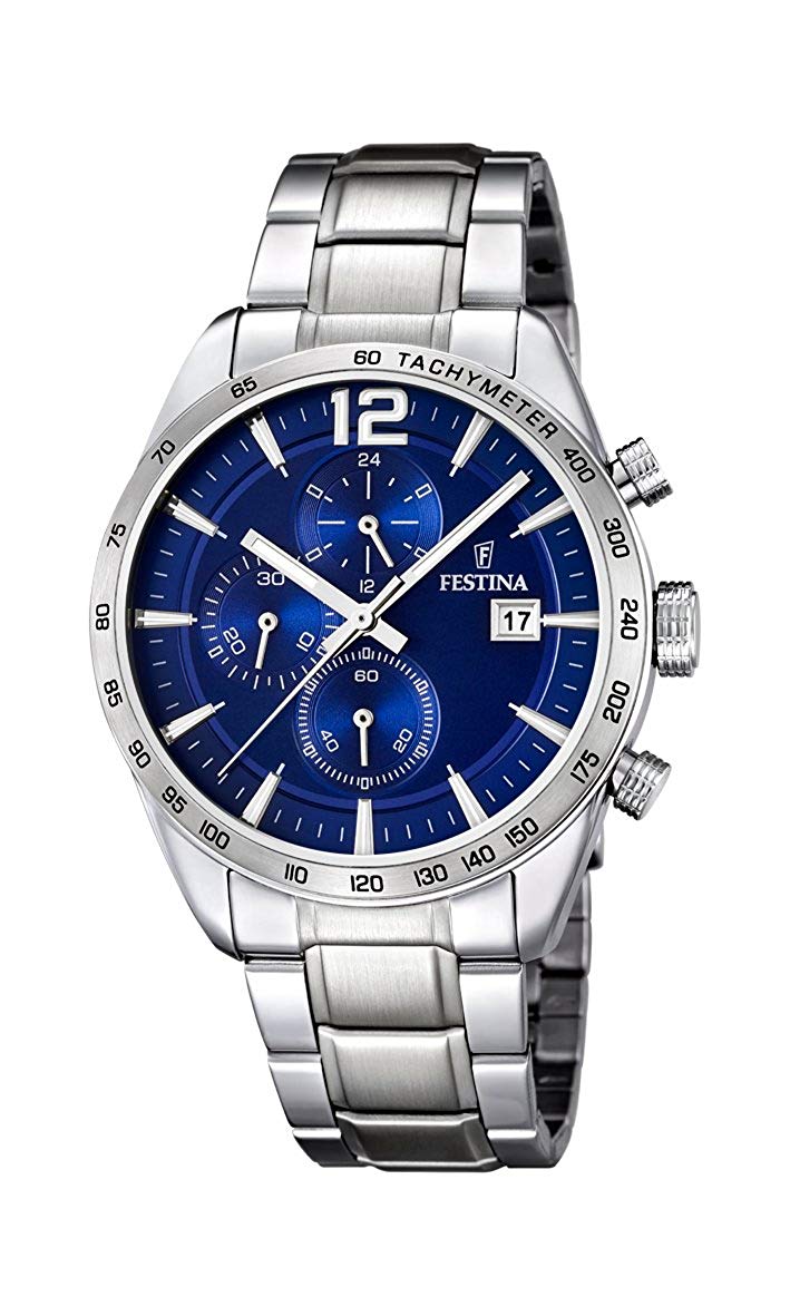 Festina Men's Quartz Watch with Blue Dial Chronograph Display and Silver Stainless Steel Bracelet F16759/3