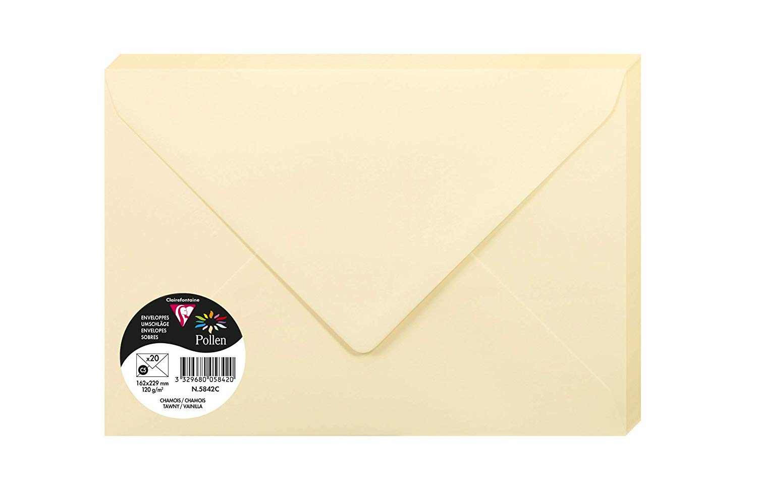 Clairefontaine 5842C Pack of 20 Gummed Envelopes Format C5 16,2x22,9cm 120gsm Colour Tawny Invitation Events Correspondence Pollen Range Premium Smooth Paper