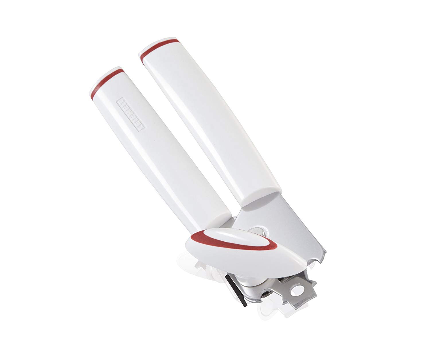 Leifheit Lifty Can Opener, White/Red, Strong Stainless Steel Deluxe Tin Opener, Hardened Steel Geared Cutting Wheel, Effective Opener