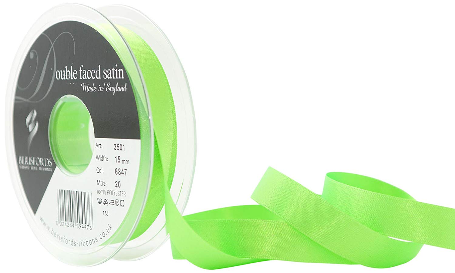 Berisfords Double Satin Ribbon, Flo Green, 15 mm, 3501-FG-15