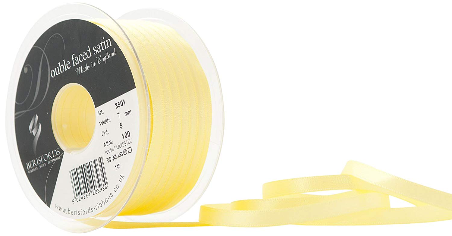 Berisfords Double Faced Satin Ribbon, Lemon, 7 mm Width, 100 metre Length