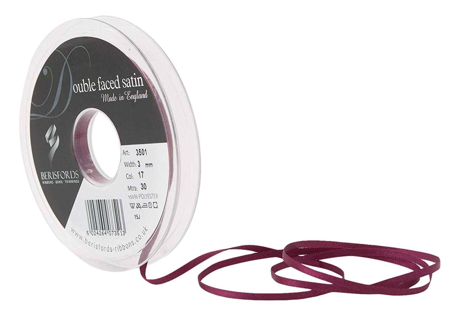 Berisfords Double FACE Poly Satin Ribbon, Wine, 10.5x10.5x1.3 cm, 3 mm