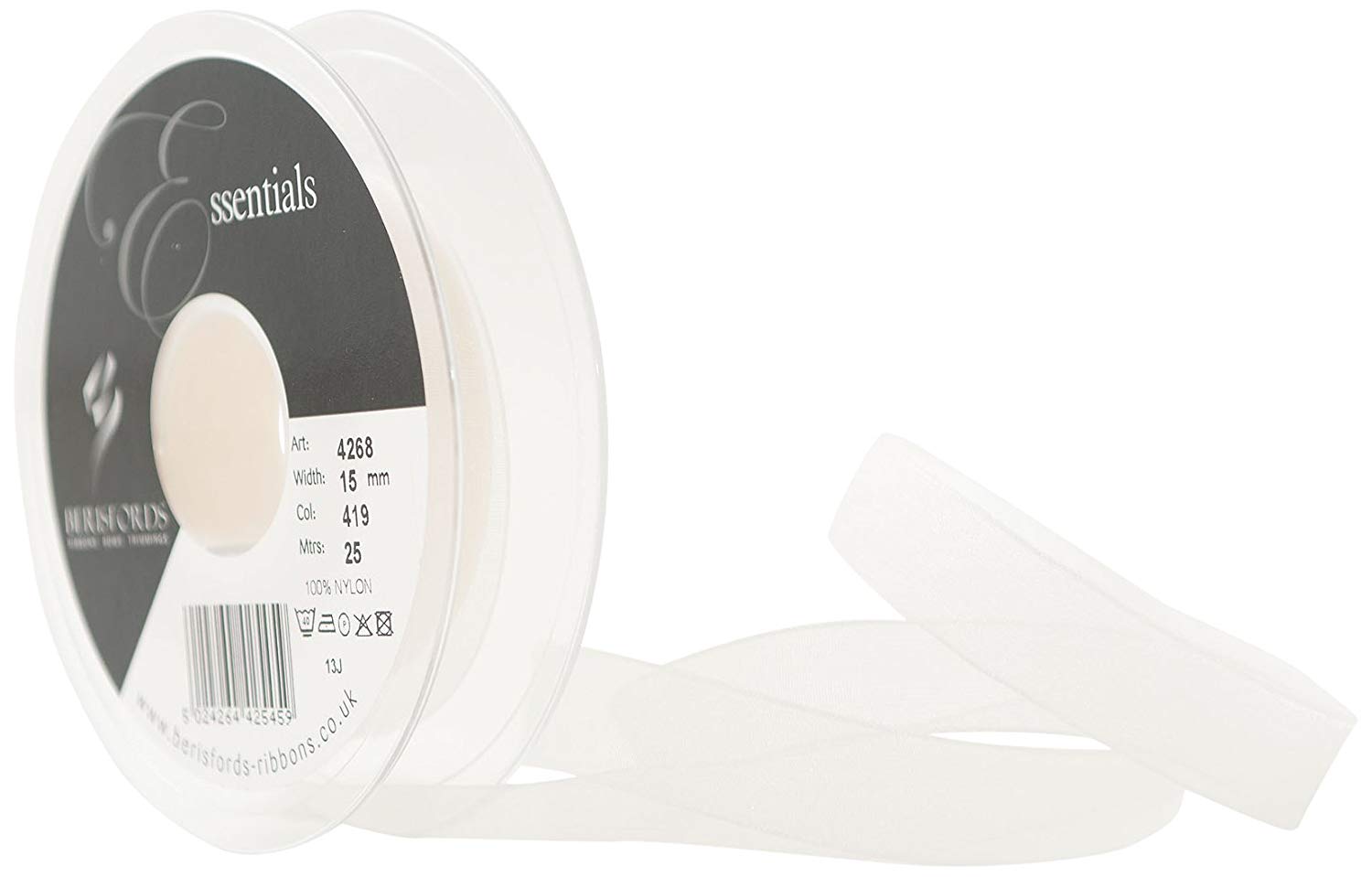 Berisfords 15 mm Super Sheer Ribbon, Bridal White