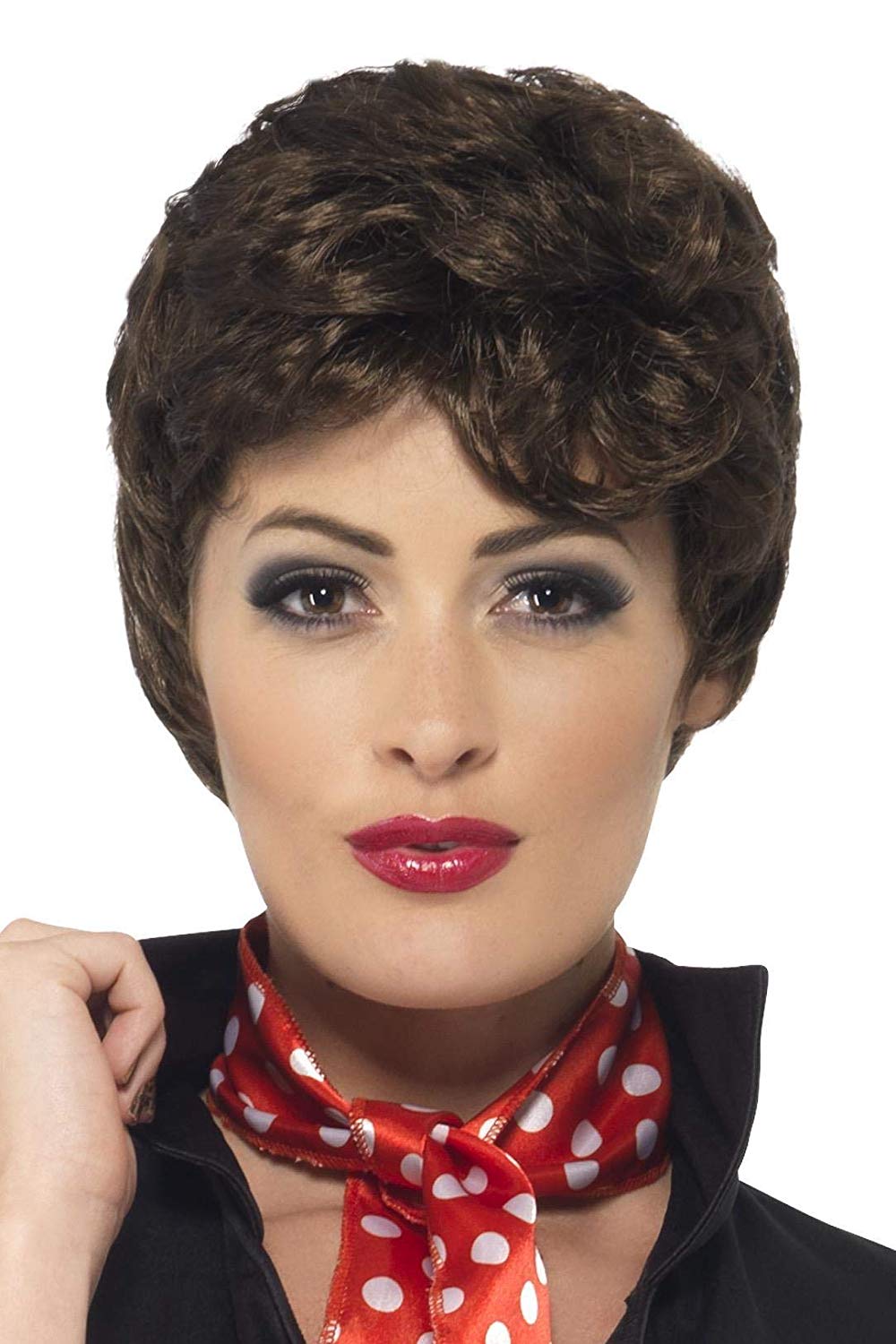 Smiffys Grease Rizzo Wig in Brown for Adults Short and Curly, Officially Licensed, Iconic Rizzo Brown Wig Pre-Styled