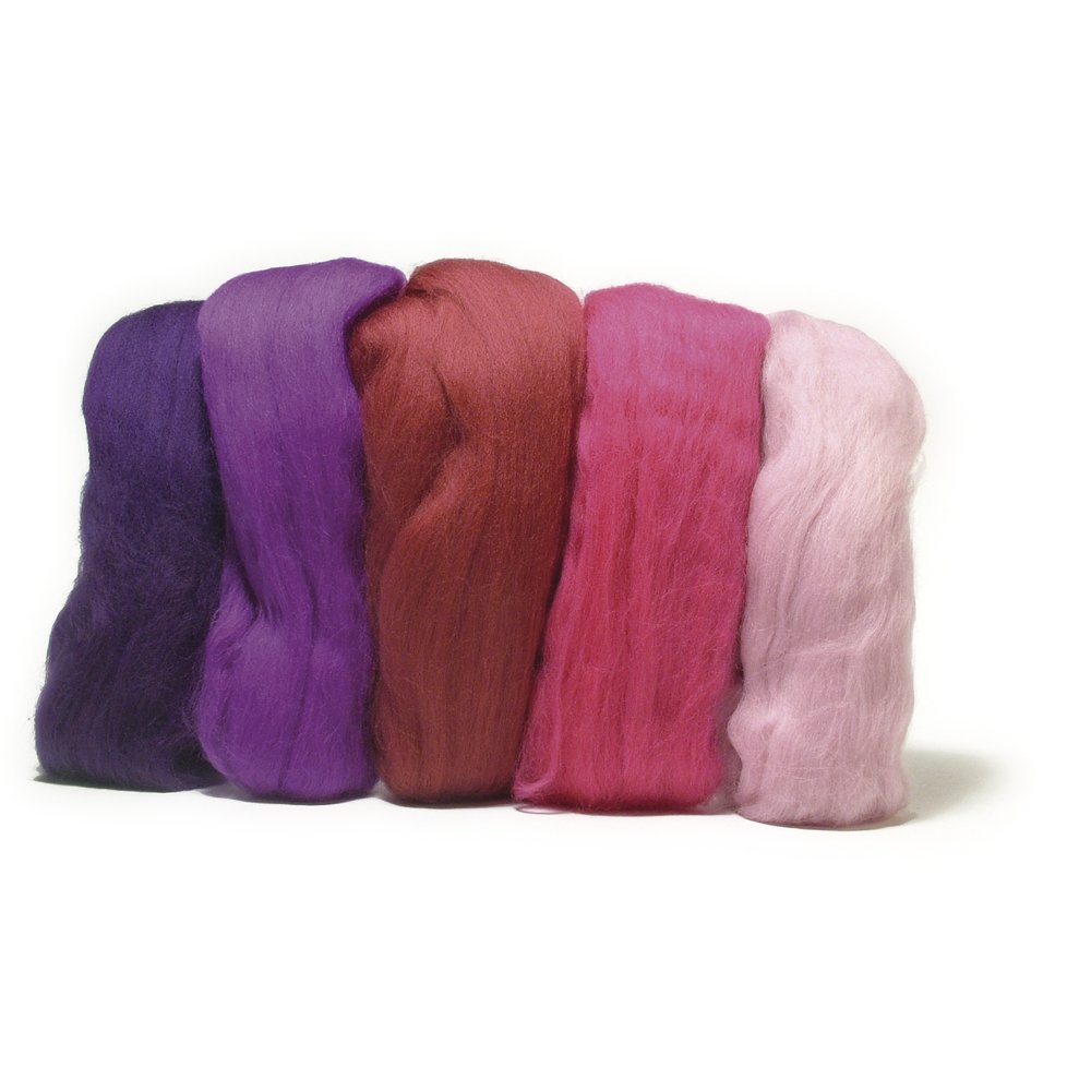 Rayher Set of 5 Super Soft Merino Tops for Felting Purple and Pink Coloured Roving, 10g each, 100% Merino Wool, 18mic, 5365000