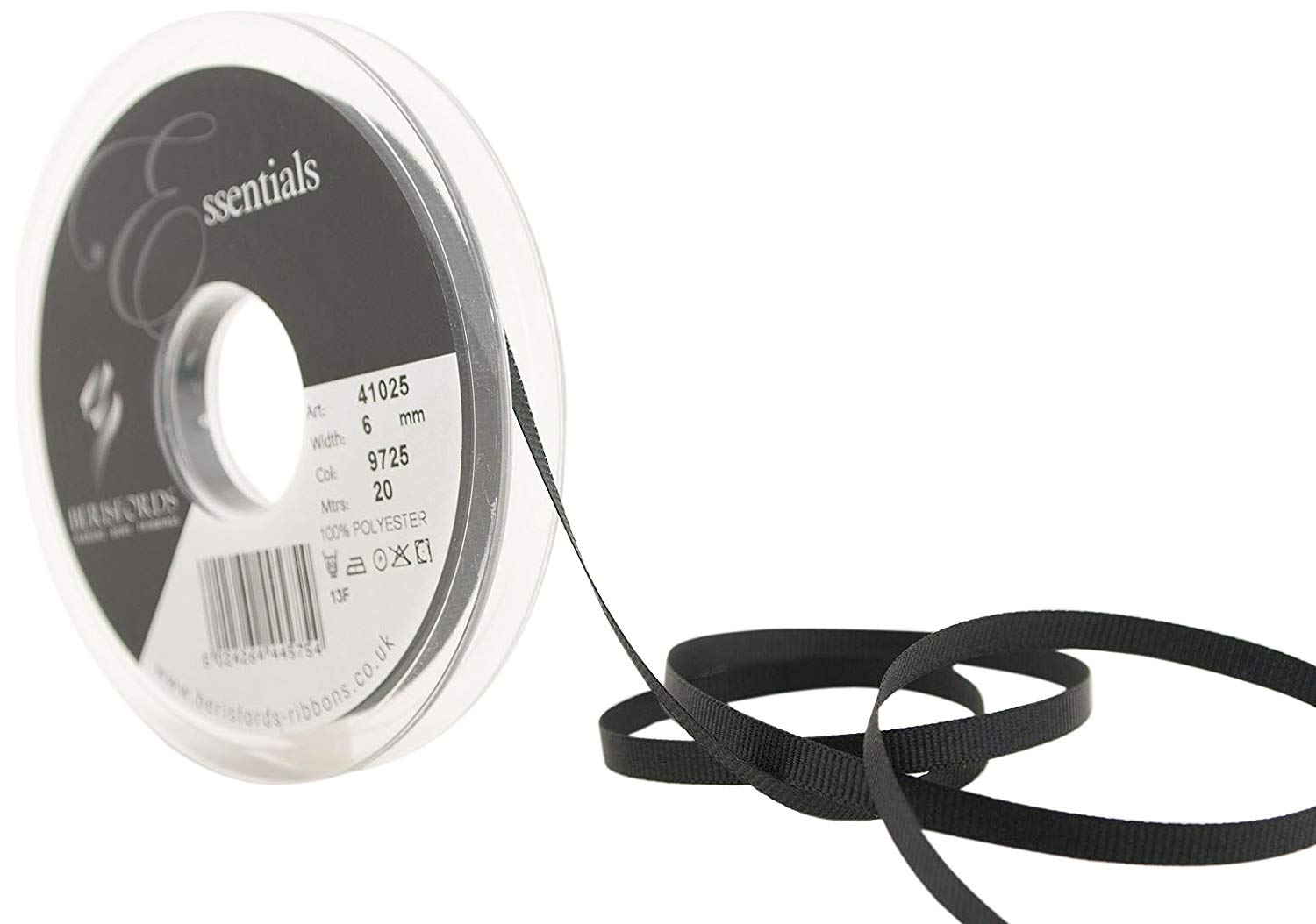 Berisfords 41025 20 m x 6 mm Polyester Grosgrain Ribbon, Black, 6mm