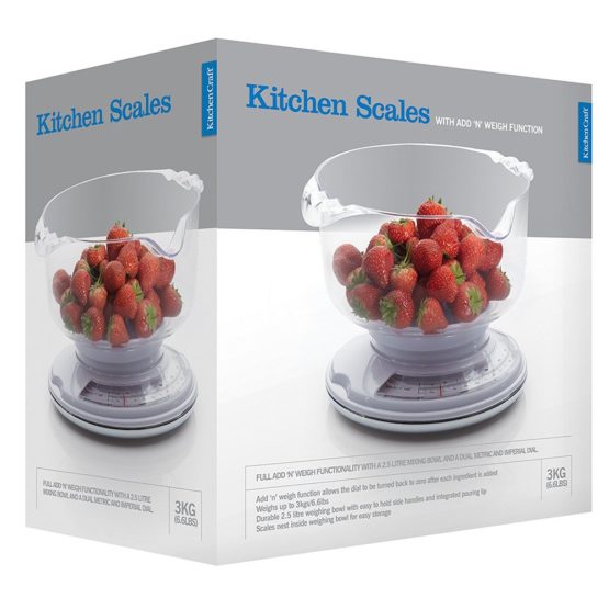 KitchenCraft Mechanical Kitchen Scales with Bowl and Add and Weigh Feature, Gift Boxed, 3kg Capacity - Image 3