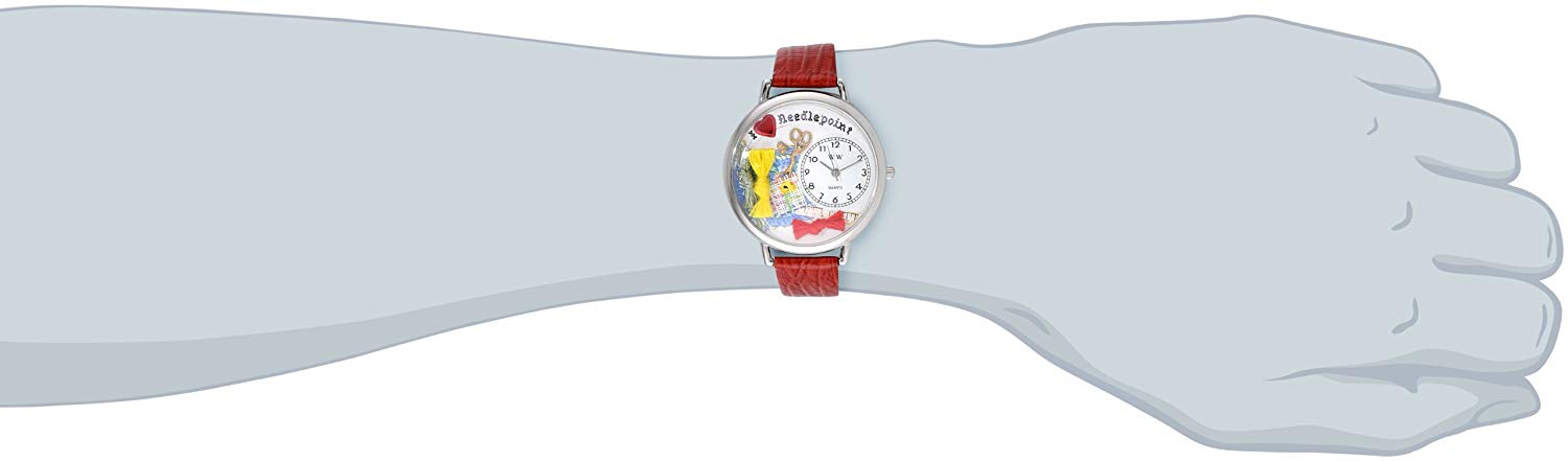 Whimsical Watches Needlepoint Red Leather and Silvertone Unisex Quartz Watch with White Dial Analogue Display and Multicolour Leather Strap U-0450009 - Image 2