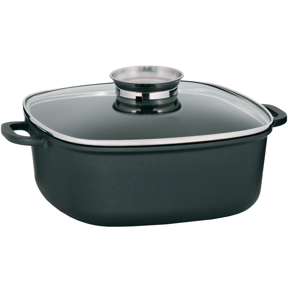 kela braising pan 28 x 28 cm, lid with Aroma knob, Induction Serving pan KERROS, cast Aluminium Coated, Paella pan with high Rim