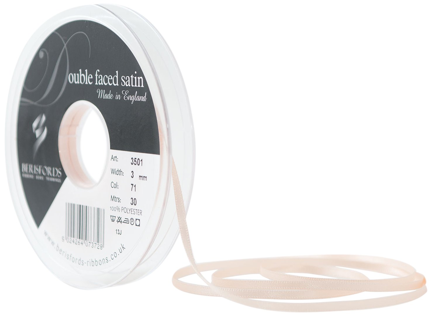 Berisfords Double Satin Ribbon, Peach, 3 mm, 3501-PE-3