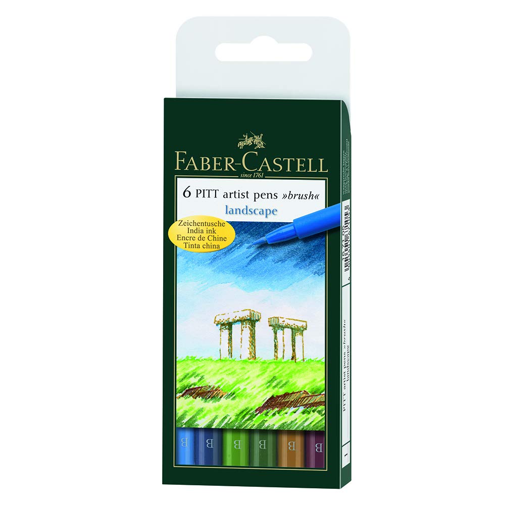 Faber-Castell Art & Graphic Pitt Artist Pen Brush India Ink Pen, Landscape, Wallet Of 6, for Art Craft, Drawing, Sketching
