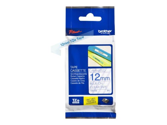 Brother TZe-133 Labelling Tape Cassette, 12 mm (W) x 8 m (L), Laminated, Brother Genuine Supplies - Blue on Clear
