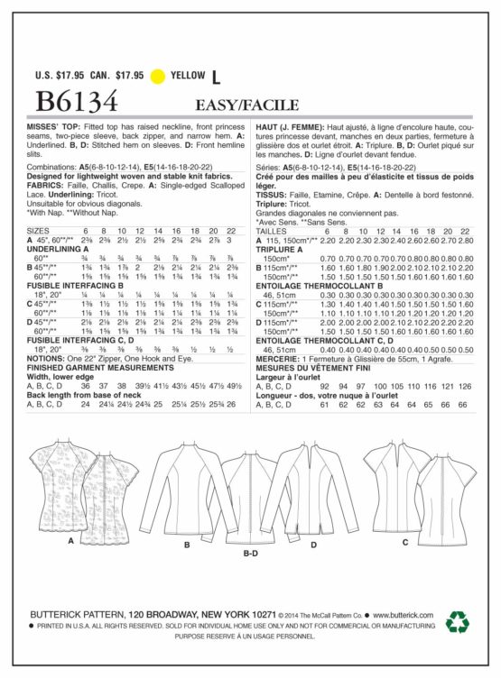Butterick Patterns 6134 A5,Misses Top,Sizes 6-8-10-12-14 - Image 2