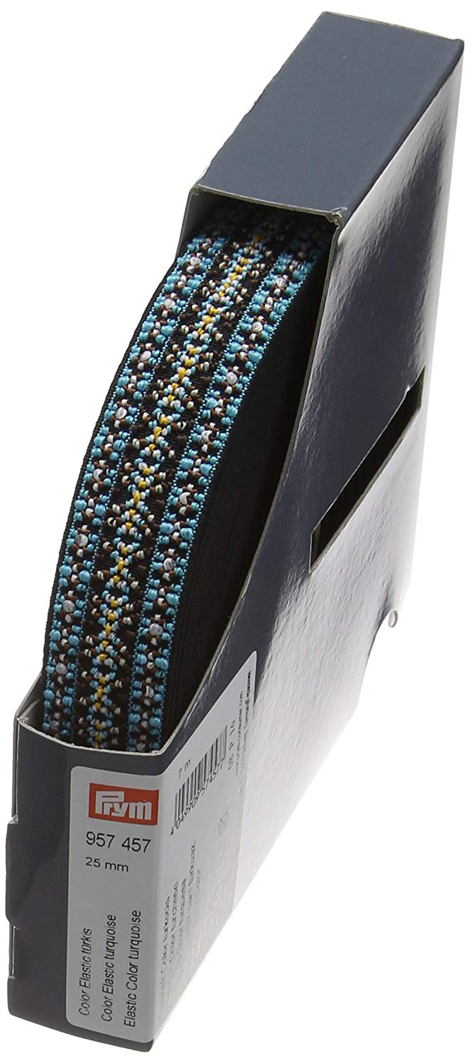 Prym "Turquoise Patterned Colour Elastic, Polyester Blend, Multi-Colour, 25 mm/1-Inch, 7 m, 15 x 15 x 3 cm