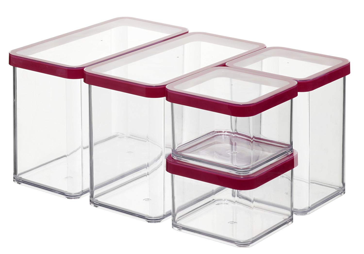 Rotho, Loft, Set of 5 storage boxes, Plastic (PP) BPA-free, transparent/red, 2 x 2,1l, 1 x 1,0l, 2 x 0,5l (30,0 x 21,0 x 15,0 cm)