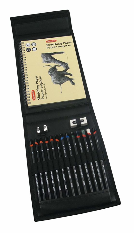 Derwent 2300218 Sketching Wallet with Mixed Media Sketching Pencils, Accessories and A5 Landscape Sketchpad, Grey - Image 2