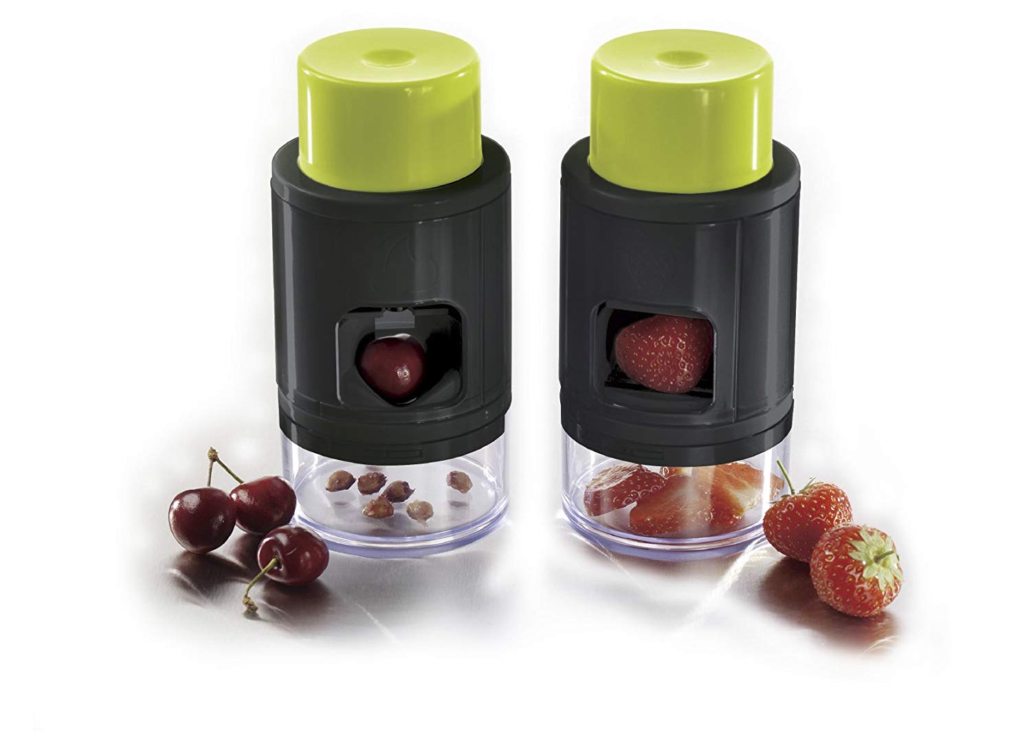IBILI 793300 - Deshuesador de cerezas + laminador de fresas, Green/Black/Transparent, 15 x 9 x 9 cm