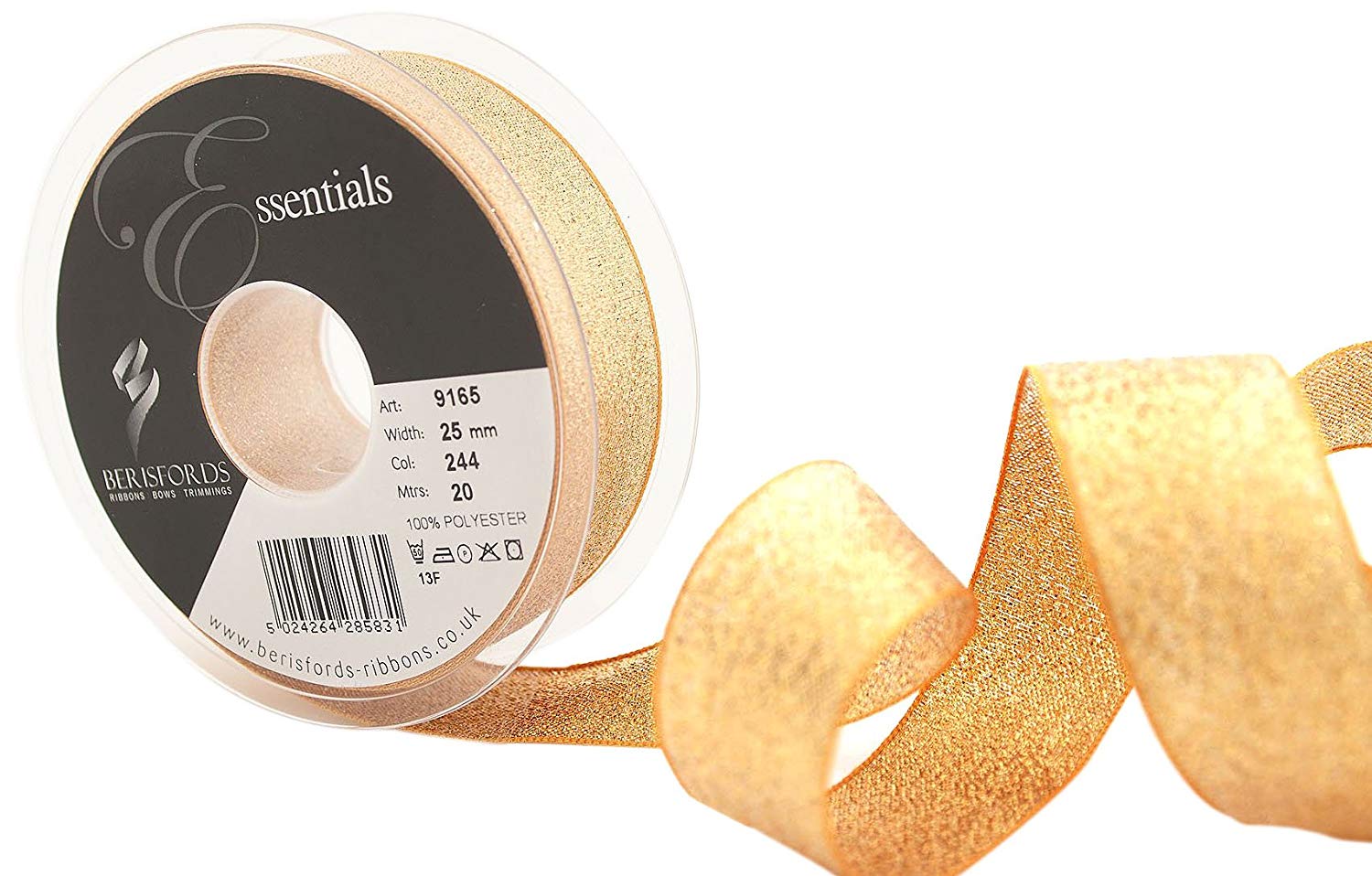 Berisfords 9165 20 m x 25 mm Glitz and Glamour Metallic Lame Ribbon, Dark Gold, 25mm