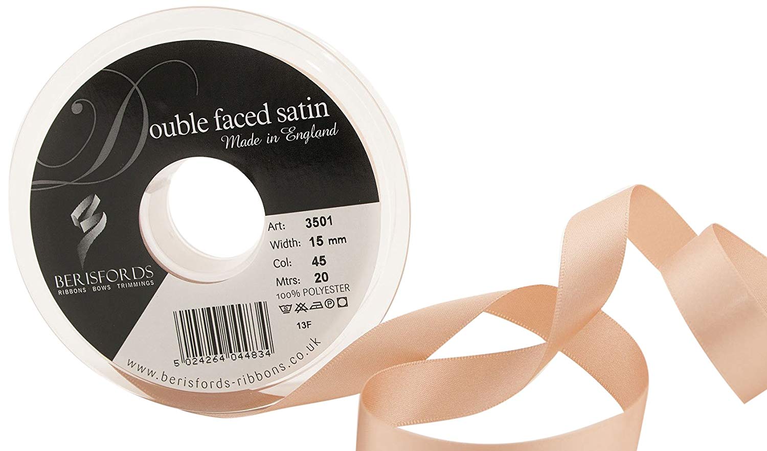 Berisfords 3501 15mm 45 Ecru Double Satin Ribbon x 20mtr, 20m, 15 mm