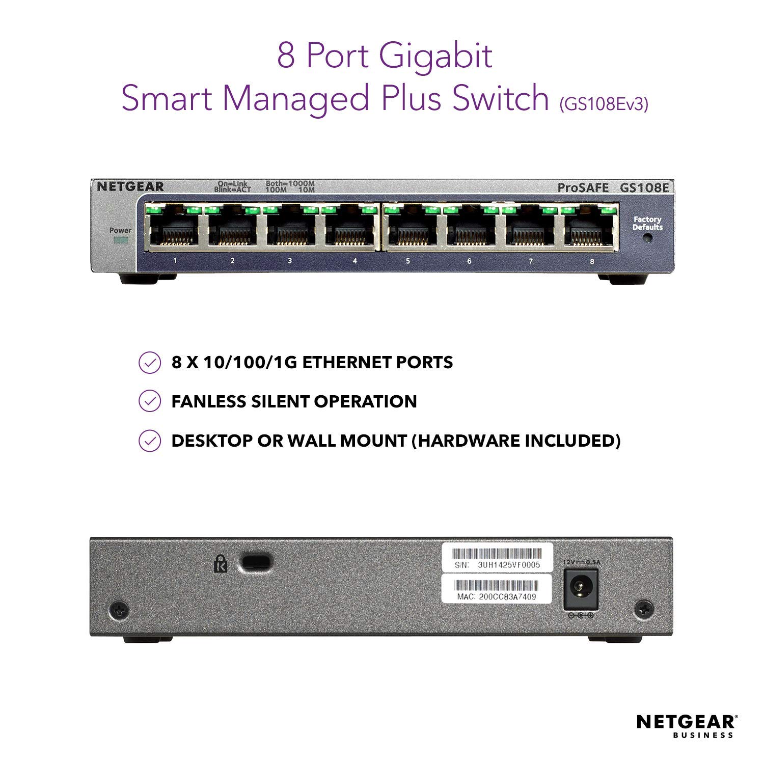 NETGEAR 8 Port Gigabit Ethernet Managed Network Switch (GS108E), Ethernet Splitter, Ethernet Hub, Plug-and-Play - Image 2