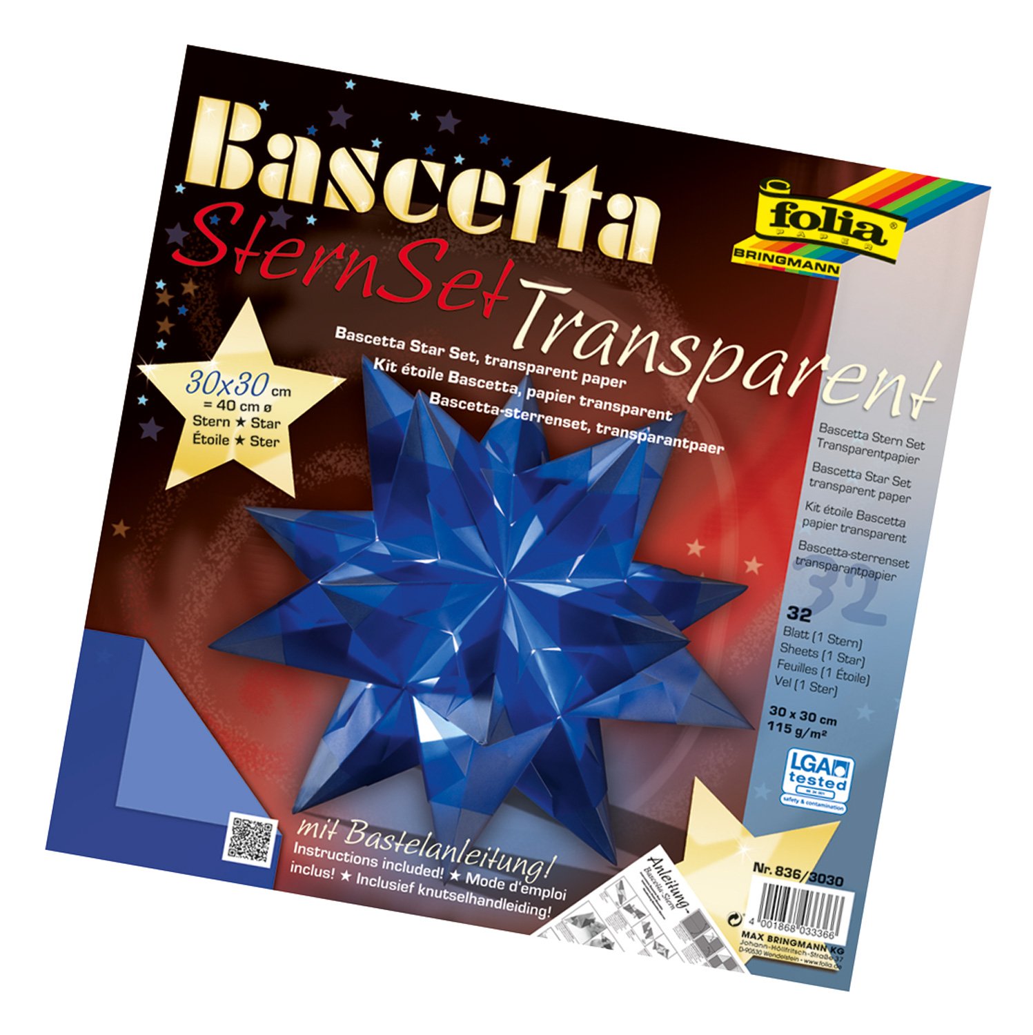 folia 836/3030 Bascetta Star Handicraft set, blue, Paper, blue, 30 x 30 cm, 40 cm