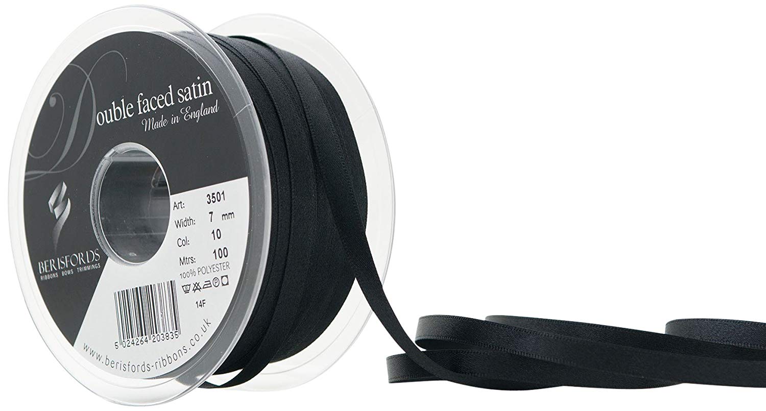 Berisfords Double Faced Satin Ribbon, Black, 7 mm Width, 100 metre Length 5024264203835