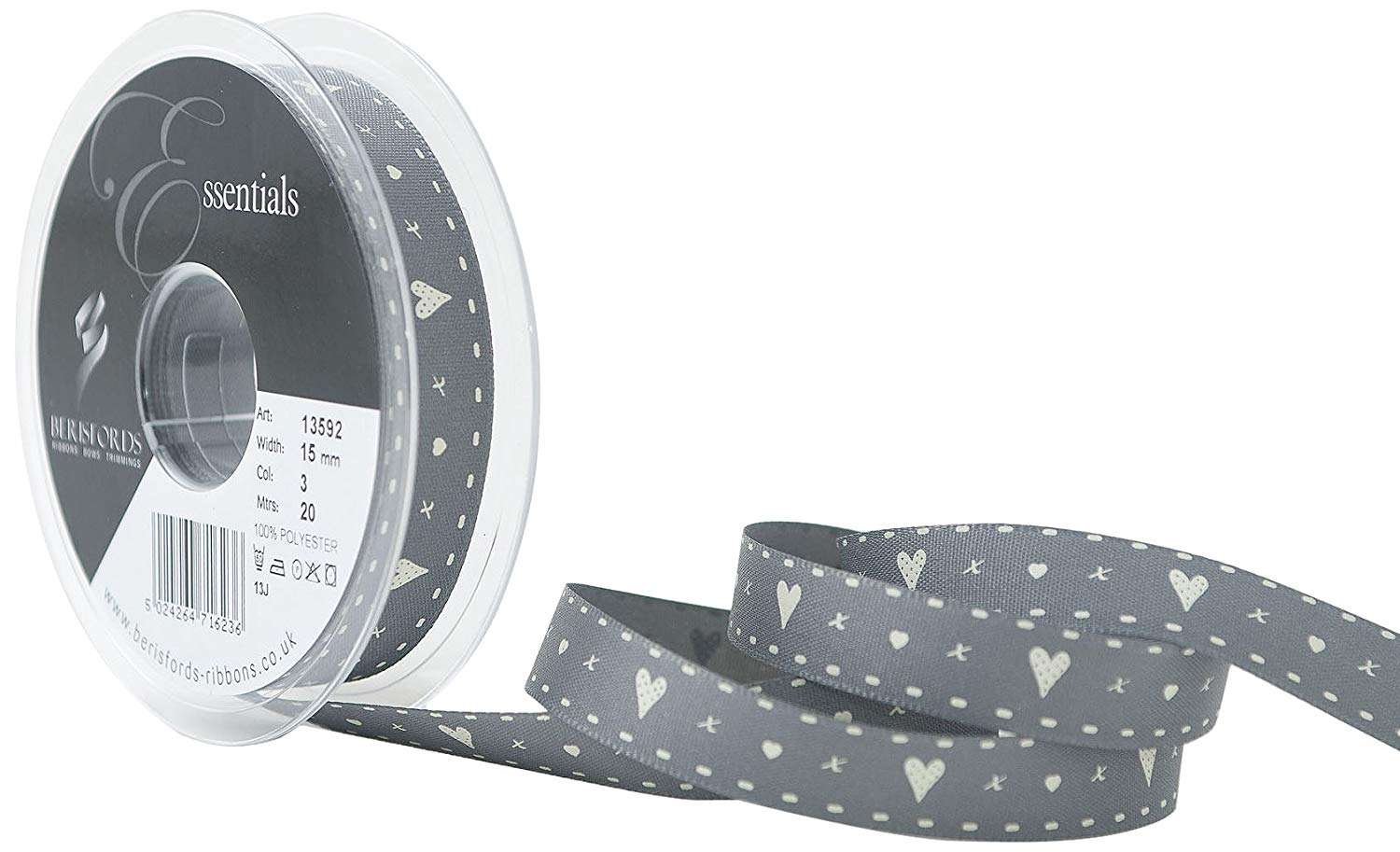 Berisfords 15 mm Hearts and Kisses Ribbon, Smoked Grey 13592-SG-15