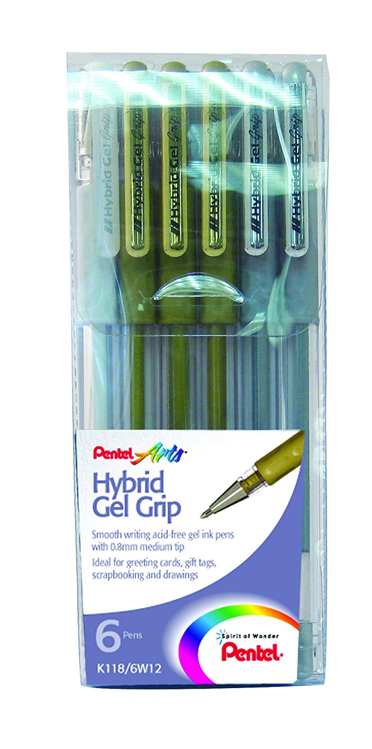 Pentel Hybrid Grip Gel Pen in Wallet of 6 Pieces - Gold, Silver, White, K118/6W12, 6 count (Pack of 1)