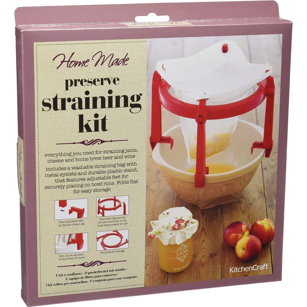 KitchenCraft Home Made Jam Strainer/Jelly Bag and Stand with Recipe in Gift Box, Plastic/Polyester, 2 Pieces, White/Red