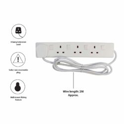 Pifco 4 Way UK 3Pin Plug 13A 250V Extension Lead with 2 Metre High-Quality Cable and Single Plug Switches - Neon Power On Indicator - White