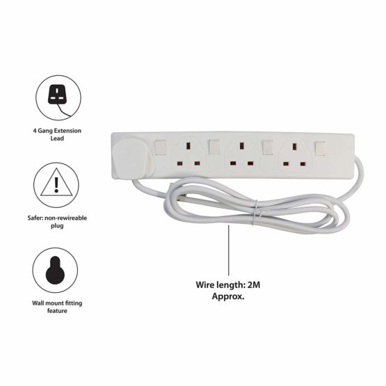 Pifco 4 Way UK 3Pin Plug 13A 250V Extension Lead with 2 Metre High-Quality Cable and Single Plug Switches - Neon Power On Indicator - White