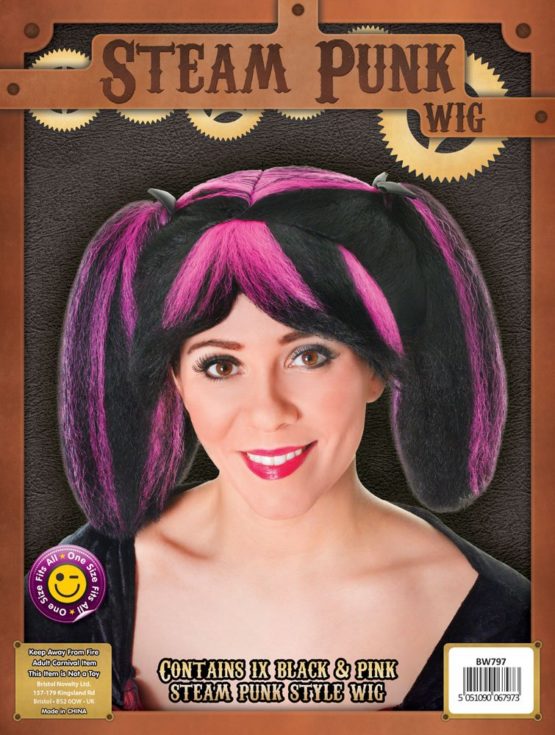 Bristol Novelty BW797 Black/Pink Streaks Steampunk Wig - Image 2
