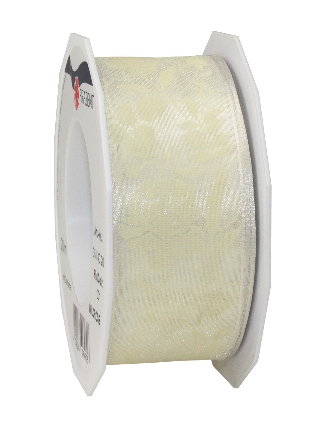 PRÄSENT - Wildrose Wired Ribbon Cream 40 mm width, 20 m length, White-red