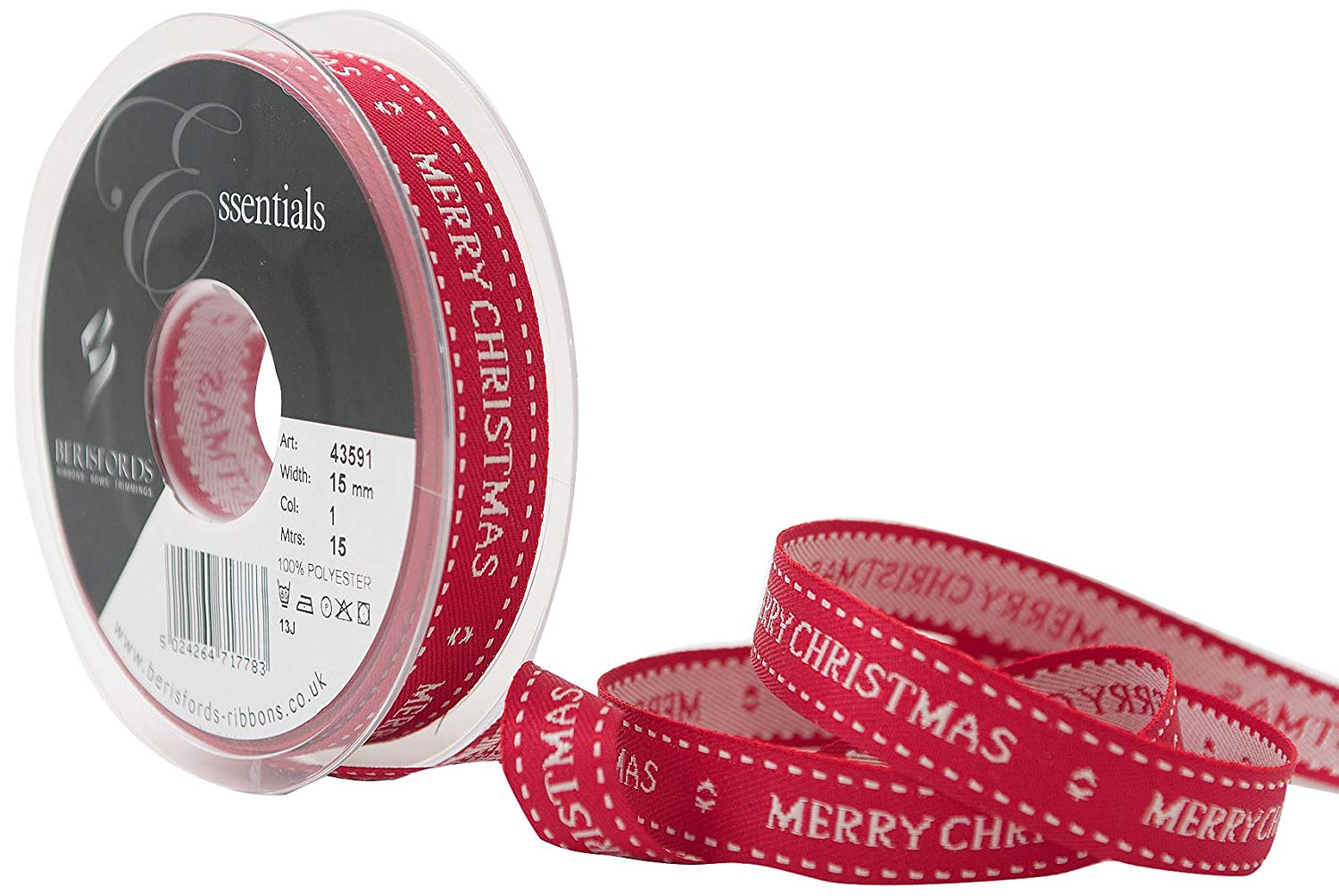 Berisfords 15 mm Cottage Christmas Wishes Ribbon, Red, 43591-R-15