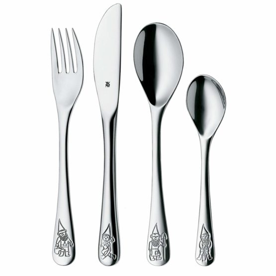 WMF children Cutlery set 4-pieces Zwerge Cromargan 18/10 stainless steel brushed suitable from 3 years with embossed designs