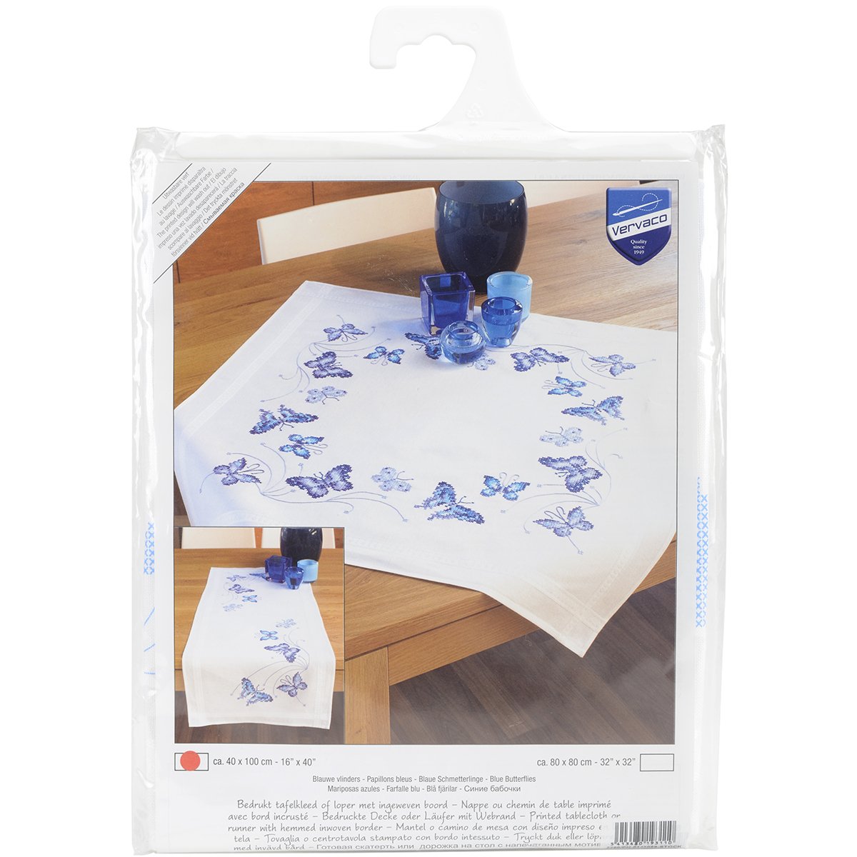 Vervaco "Blue Butterflies Runner Embroidery, 100 Percent Cotton, Multi-Colour, 40 x 2 x 20 cm