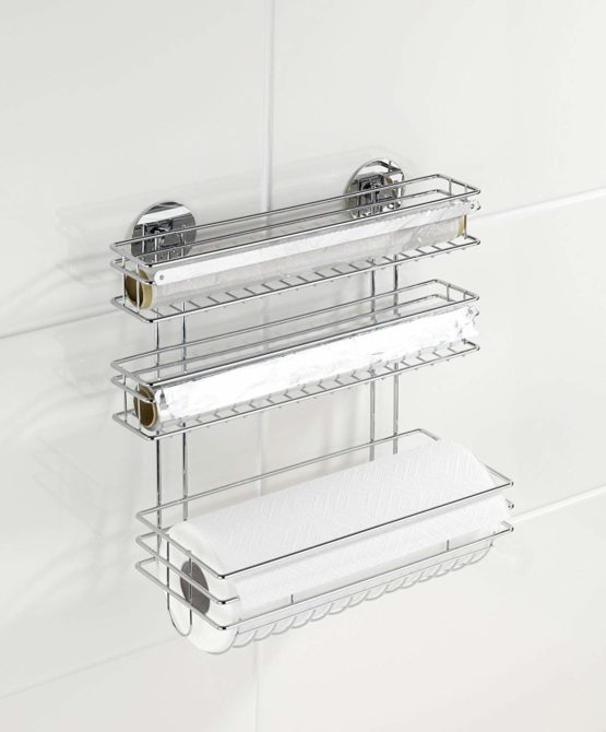 WENKO 5630100 Turbo-Loc kitchen roll holder Trio - fixing without drilling, Chrome plated metal, 32.5 x 34 x 15 cm, Silver shiny - Image 4