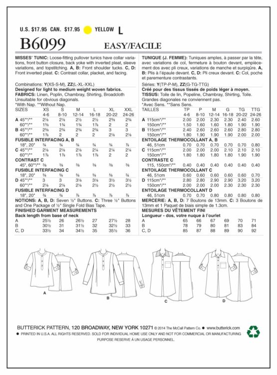 Butterick Patterns 6099 ZZ Sizes Large 16 - 18/ Extra-Large 20 - 22/ Extra-Large 24 - 26 Misses Tunic - Image 2