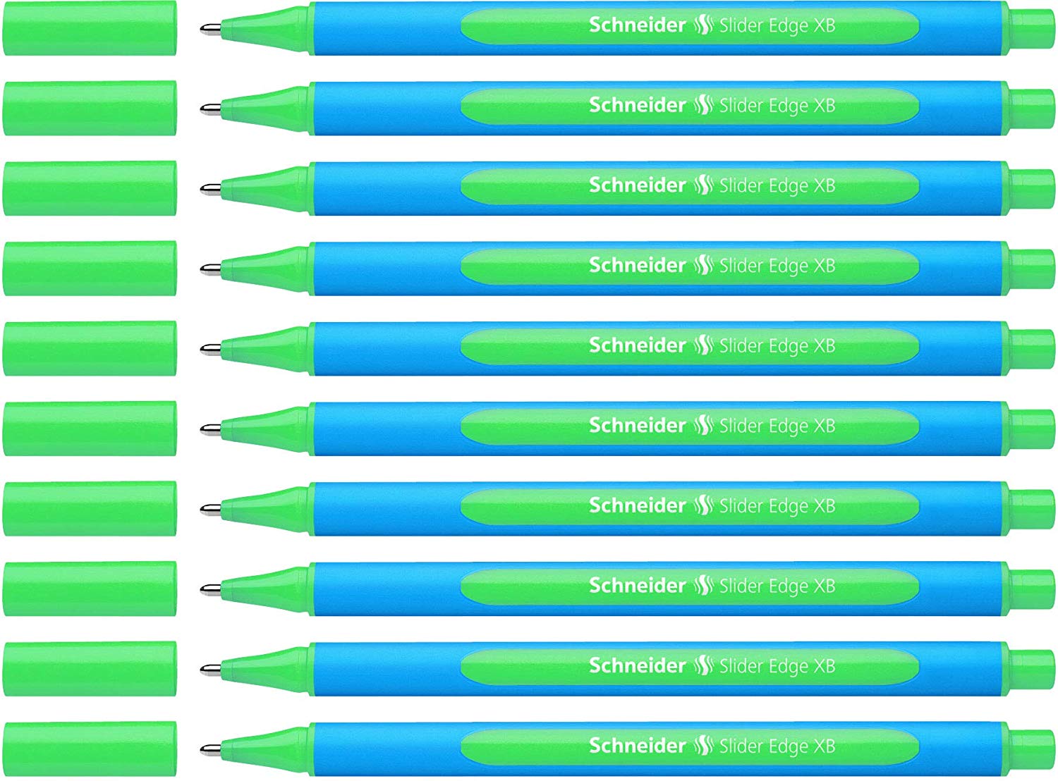 Schneider Slider Edge 152204 Ballpoint Pen with Cap Model XB Pack of 10 / Cyan and Green Barrel / Green Ink