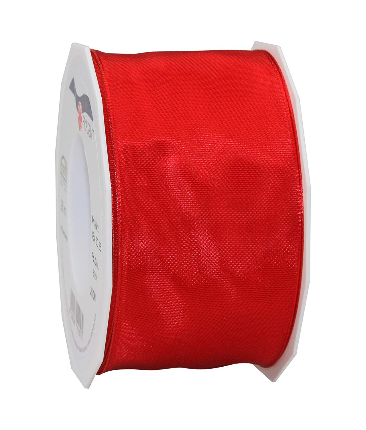 PRÄSENT - Lyon Wired Taffeta Ribbon Red 60 mm width, 25 m length, White, 60mm - 25m