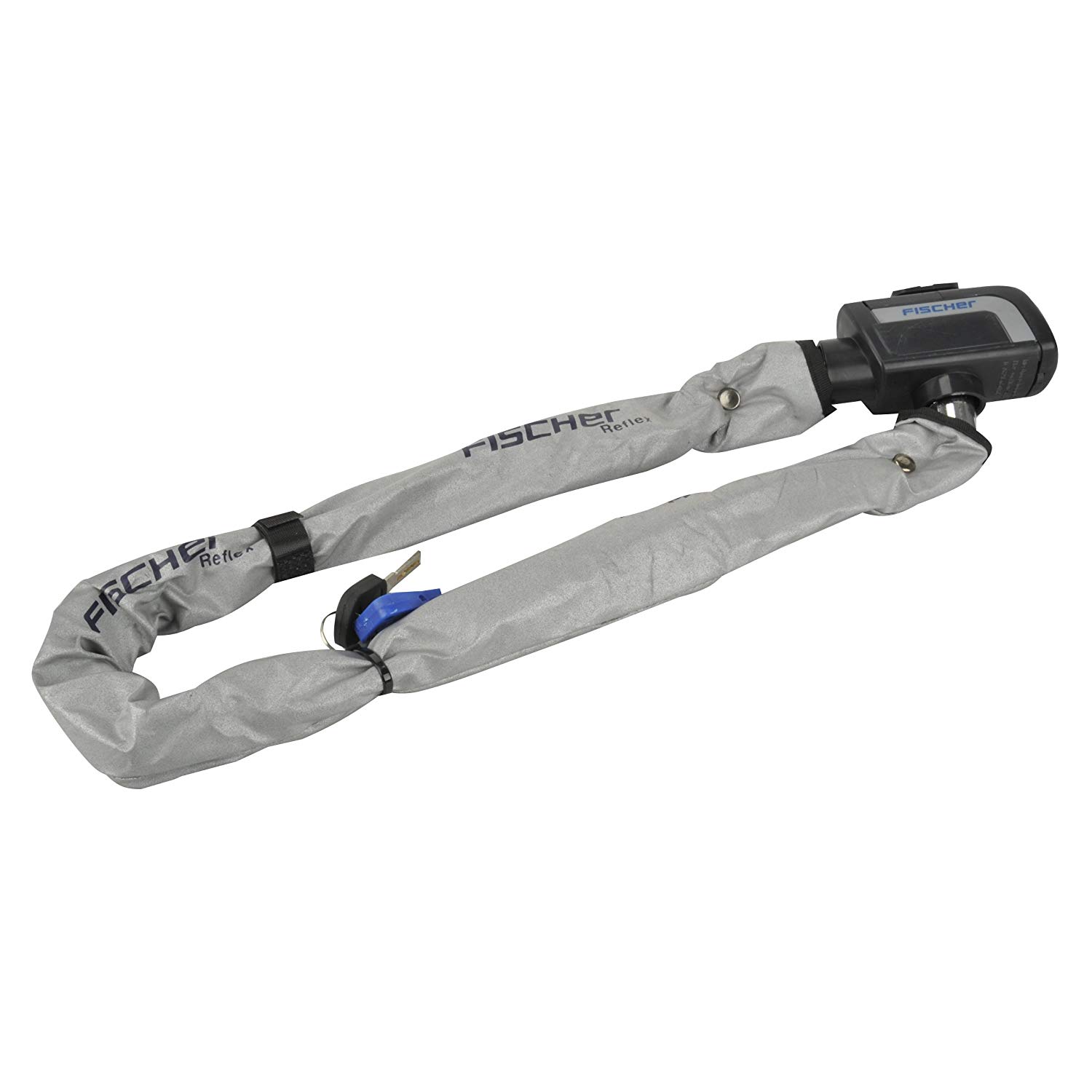 Fischer 85866 Bicycle Lock with Reflective Strips, Chain Lock, 80 cm, with 2 Keys, One with LED Light, With Key, Schloss mit Schlüssel