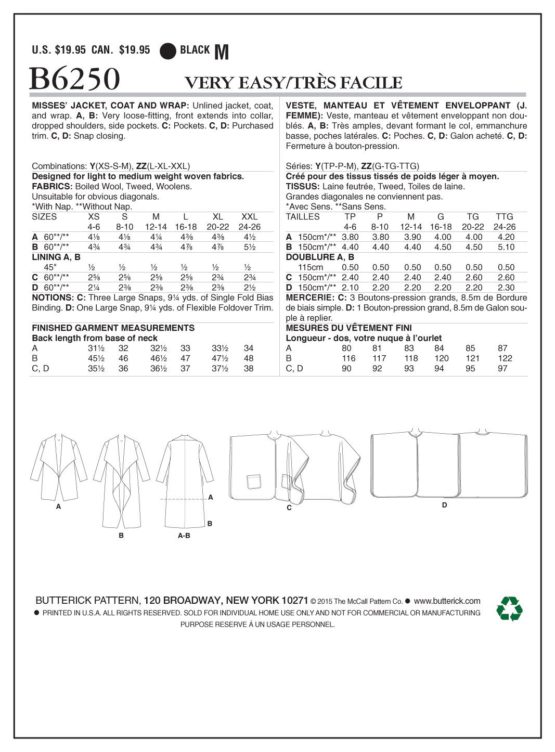 Butterick Patterns 6250 ZZ,Misses Jacket,Coat and Wrap,Sizes LRG(16-18)-XLG(20-22)-XXL(24-26) - Image 4