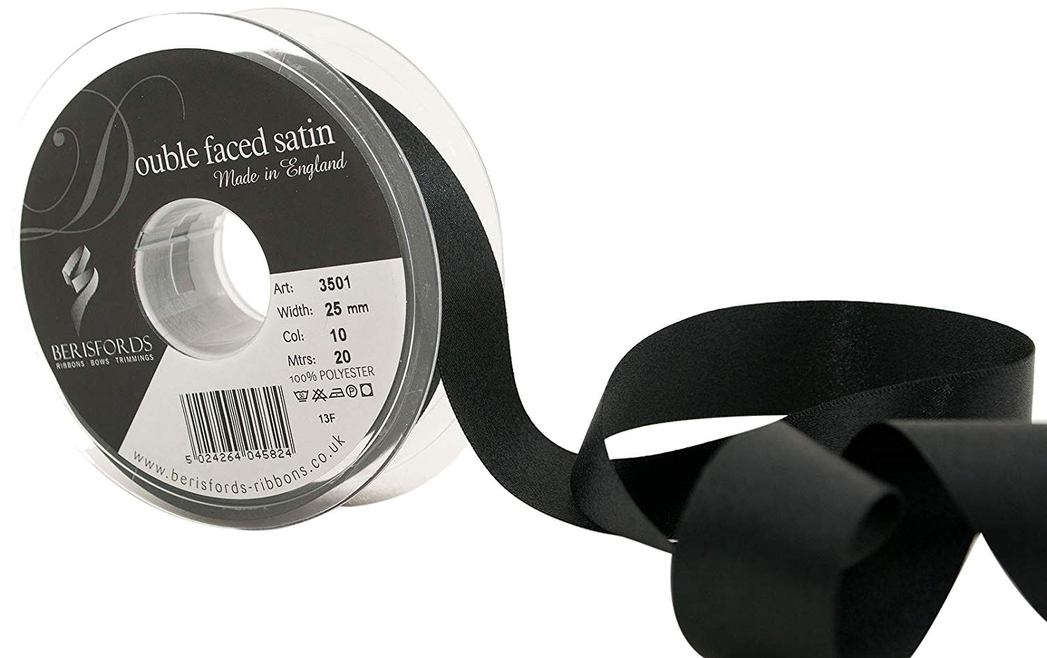 Berisfords Double Satin Ribbon, 10 Black, 20 m, 3501-BLK-25, 25 mm