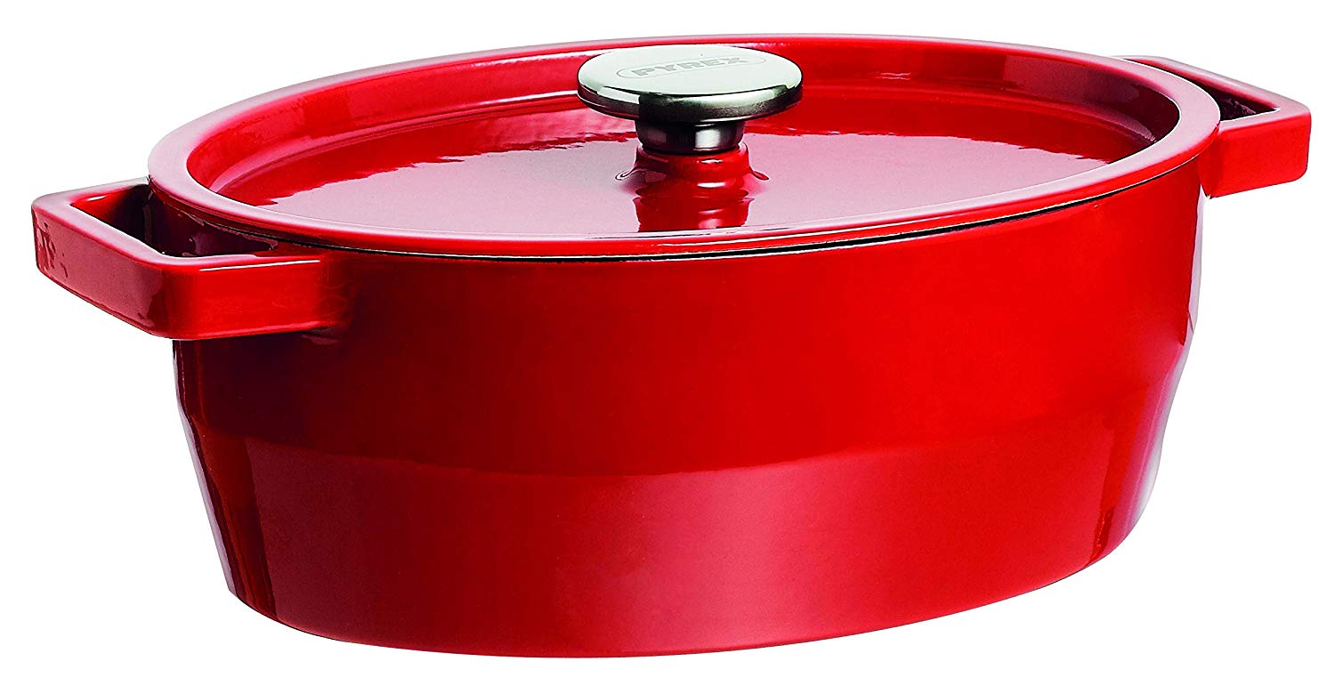 Pyrex 33 cm Oval Cast Iron Slow Cook Enamelled Casserole, Red, 5,8L