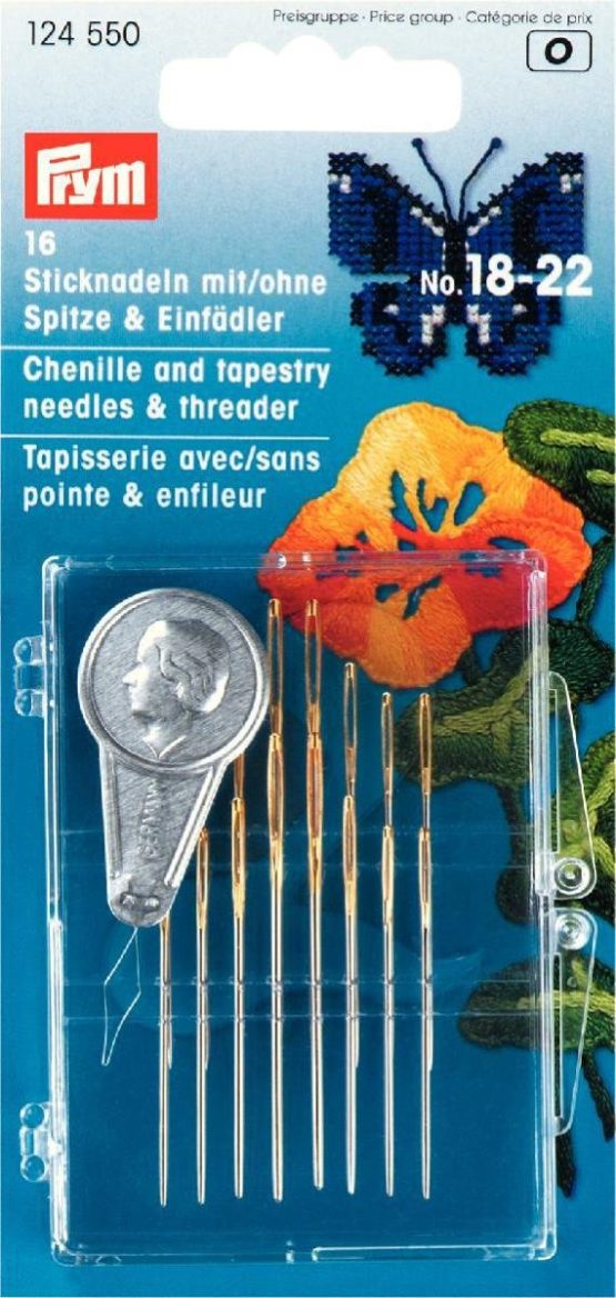 Prym Tapestry + Chenille Needles Assorted No. 18-22 Silver col with Threader