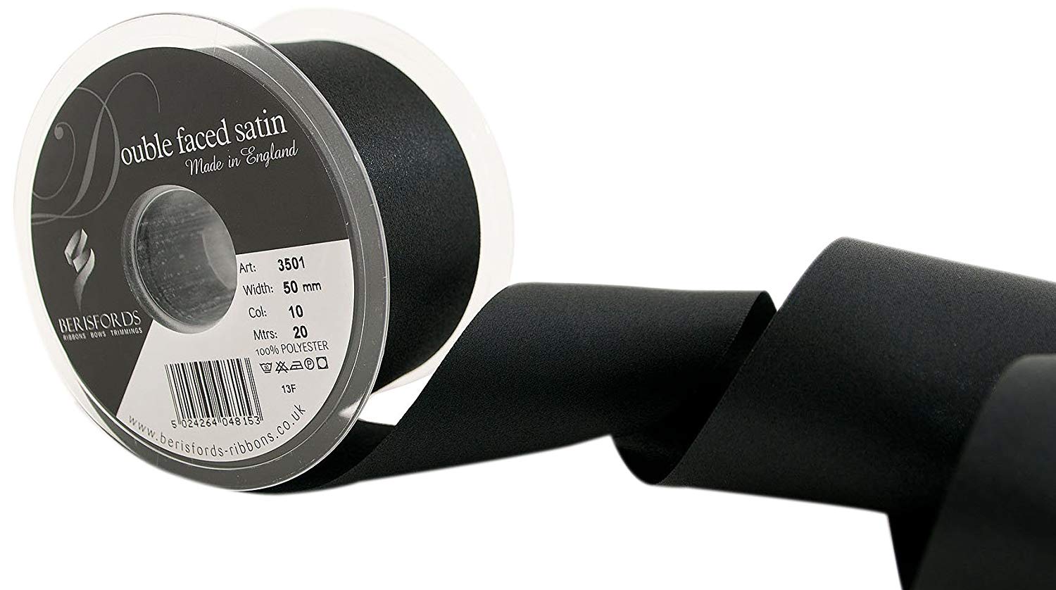Berisfords 3501 50mm 10 Black Double Satin Ribbon x 20mtr, 20m, 50 mm