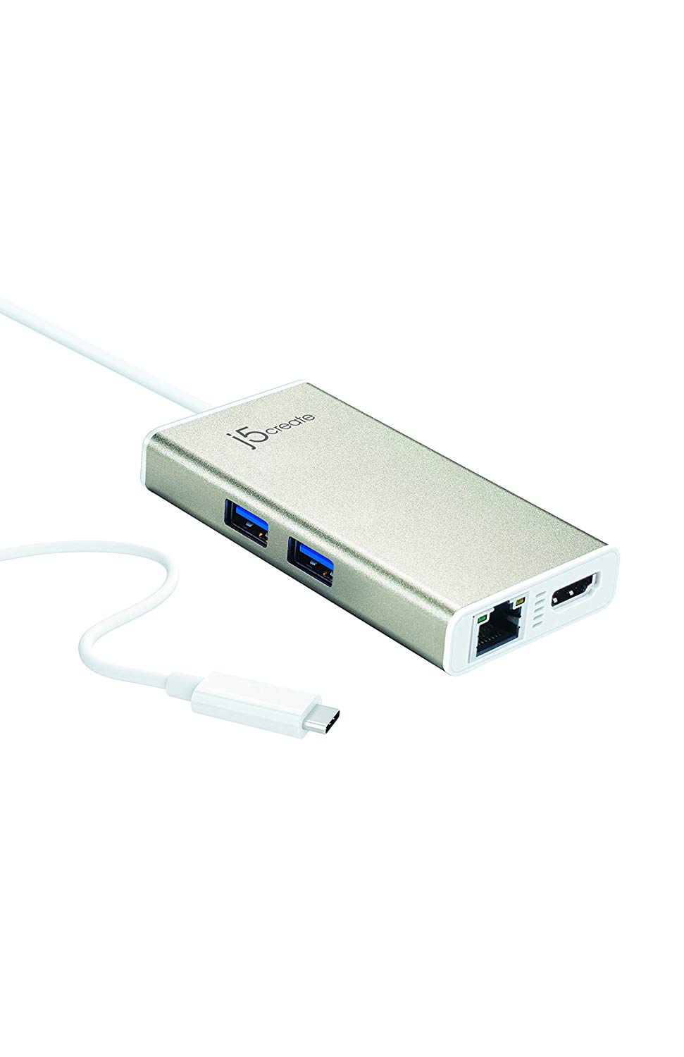 j5 create JCA374 USB Type-C HDM RJ-45 Multi Adapter - Gold/White, Gold, White
